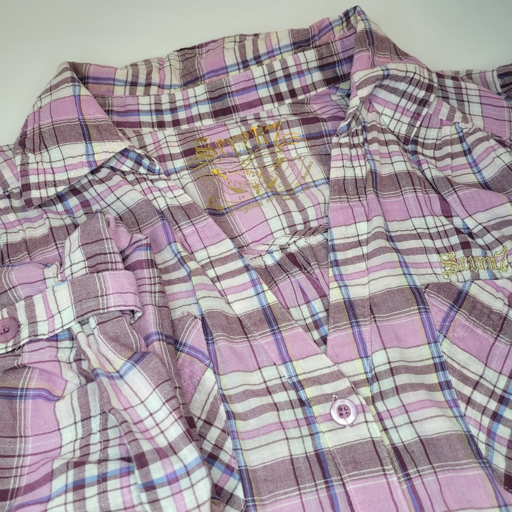 Seven7 Plaid Button Down Shirt Womens 18/20 Purple Excellent Roll-Tab‎ Sleeve
